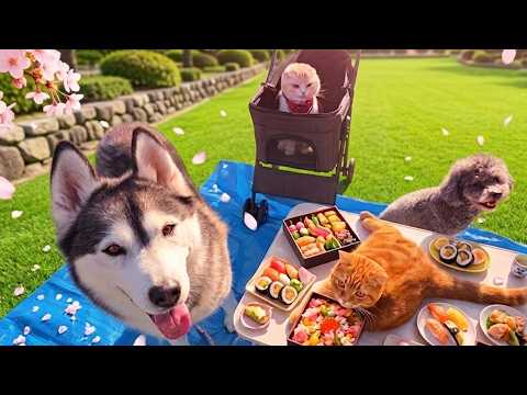 お弁当を持って犬と猫を連れてお花見に行ったら…