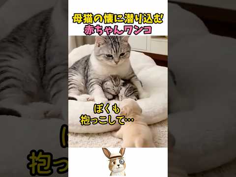 母猫の懐に潜り込む赤ちゃんワンコ